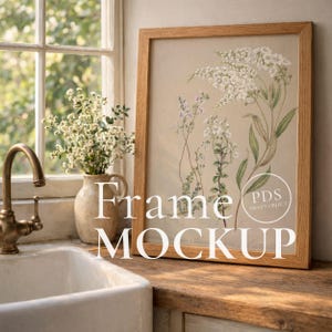Farmhouse Frame Mockup Kitchen Wall Art Mockup Rustic Oak Frame PSD Cottagecore Printable Art Mockup