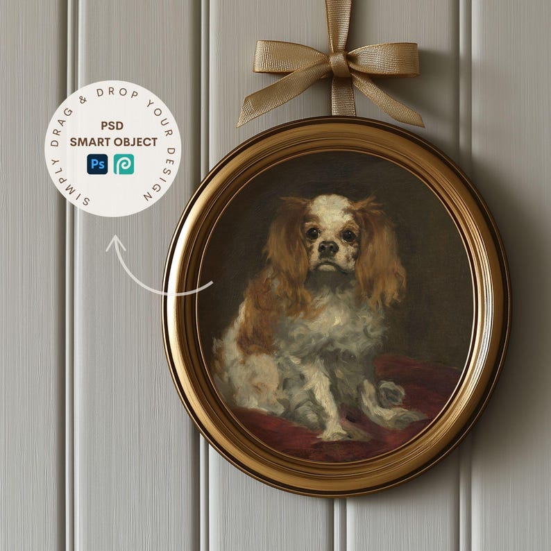 Oval Gold Frame Mockup with Bow Hanging Ribbon Frame Coquette Wall Art Vintage Digital Download Romantic Artwork Display image 2
