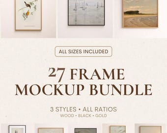 Pacchetto di mockup per cornici – Mockup PSD per cornici, mockup per quadri e poster / Cornici in legno, nere e dorate (tutti i formati)