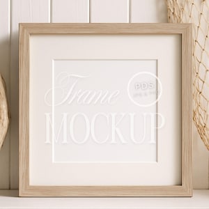 Coastal Frame Mockup Square Frame with Mat Neutral Natural Wall Art Mockup for Artwork Display PSD JPG PNG Digital Download Beach Decor