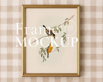 Gold Frame Mockup PSD Poster Mockup 4x5 Vertical Cottagecore Gingham Background