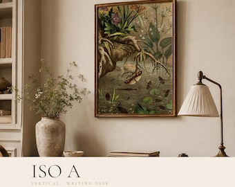 Home Office Frame Mockup A4 A3 PSD | Vertical Wall Art Above Desk | Vintage Interior