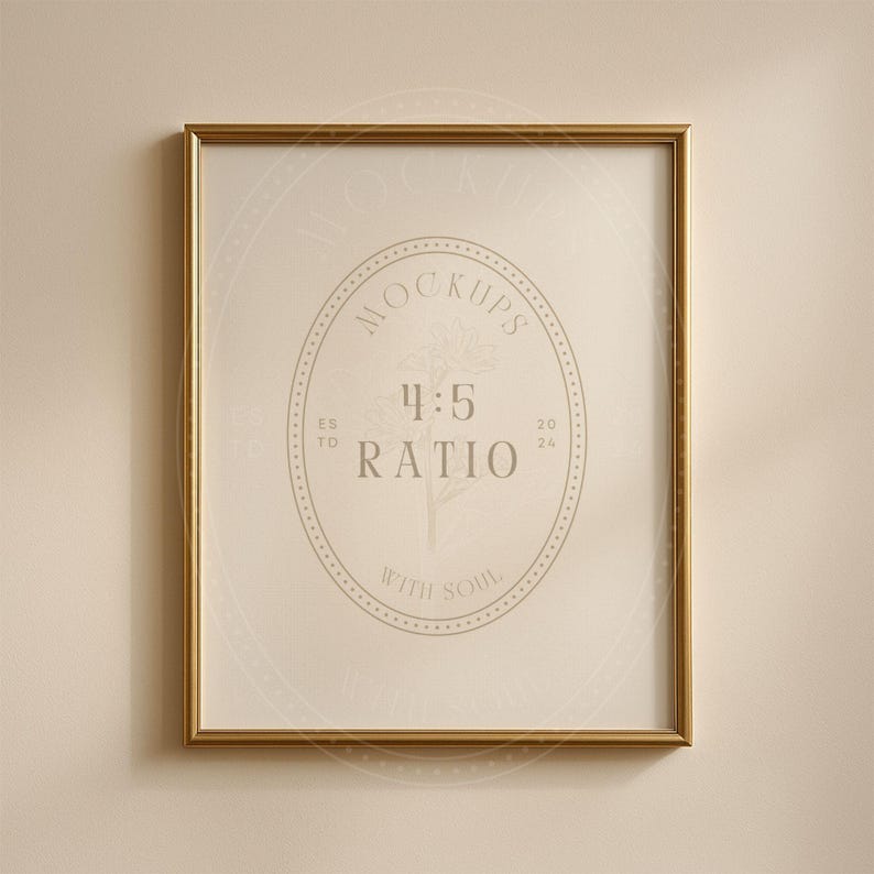 May include: A gold-framed picture with a white background and a circular design in the center. The design features a floral motif and the text "Mockups 4:5 Ratio With Soul".