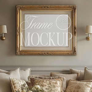May include: A gold ornate picture frame mockup with a white background. The frame is hanging on a light gray wall above a beige couch with pillows.