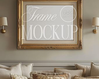 Gold Frame Mockup in Elegant Living Room Art Print Mockup Classic Wall Frame Mockup Neutral Interior Mockup Traditional Vintage Decor PDS