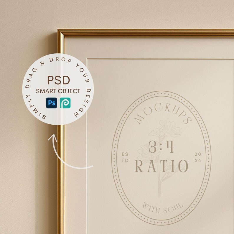 May include: A gold picture frame mockup with a white background and a floral design in the center. The design includes the text "MOCKUPS 3:4 RATIO WITH SOUL".