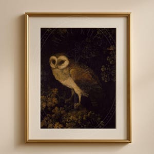 May include: A framed print of a painting depicting a barn owl perched on a branch in a dark forest setting. The owl has a white face and brown feathers. The background is a dark green and brown.