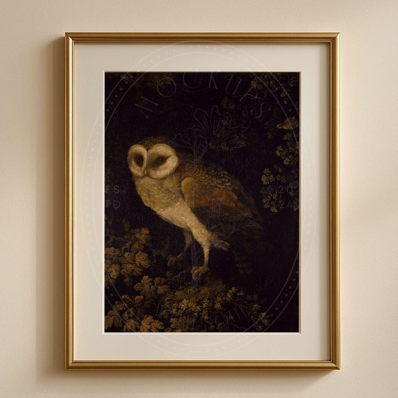 May include: A framed print of a painting depicting a barn owl perched on a branch in a dark forest setting. The owl has a white face and brown feathers. The background is a dark green and brown.