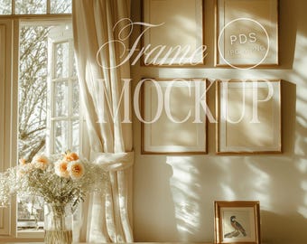 Gallery Wall Mockup PSD Four Frames 4x5 Ratio Spring Light Cozy Country Interior Neutral Decor Cottagecore Wall Art Mockup Digital Download