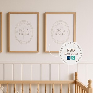 May include: Two framed art prints with a light wood finish are displayed on a wall. Each print features a circular logo with the text "MOCKUPS ISO A RATIO WITH SOUL". A graphic indicates the use of a PSD smart object.