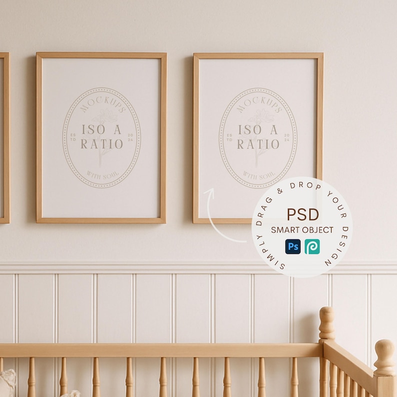May include: Two framed art prints with a light wood finish are displayed on a wall. Each print features a circular logo with the text "MOCKUPS ISO A RATIO WITH SOUL". A graphic indicates the use of a PSD smart object.