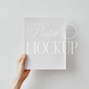 May include: A white poster mockup with the text "Poster Mockup" in a white cursive font. The text "PDS JPG & PNG" is in a circle in the top right corner.