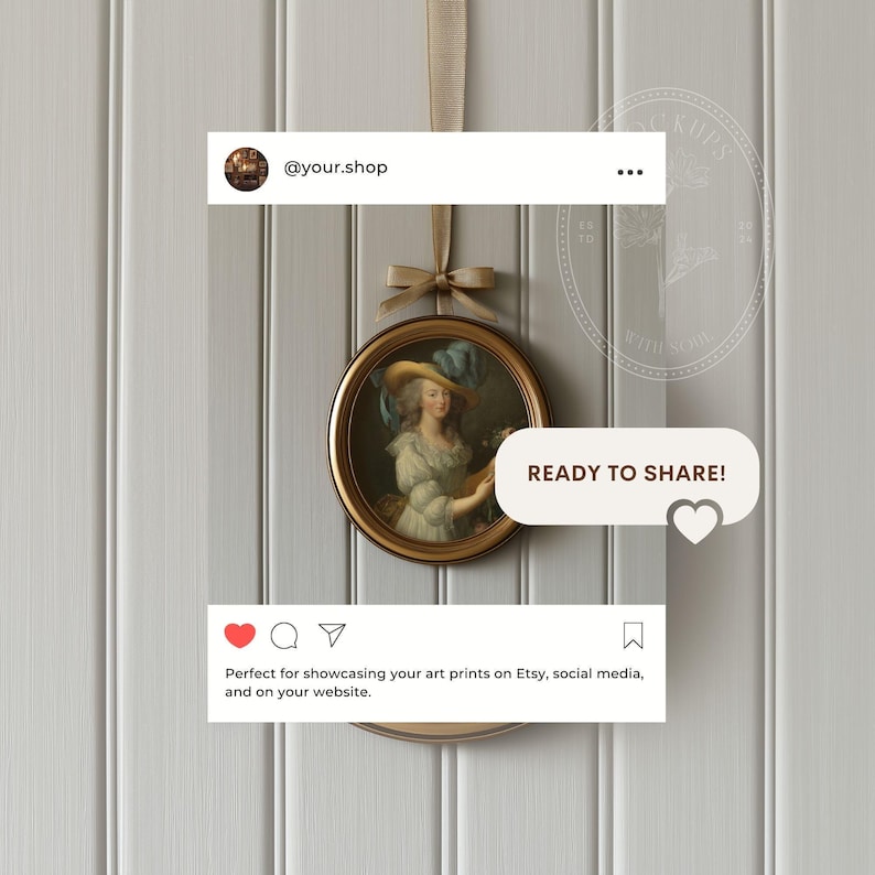 Oval Gold Frame Mockup with Bow Hanging Ribbon Frame Coquette Wall Art Vintage Digital Download Romantic Artwork Display image 3