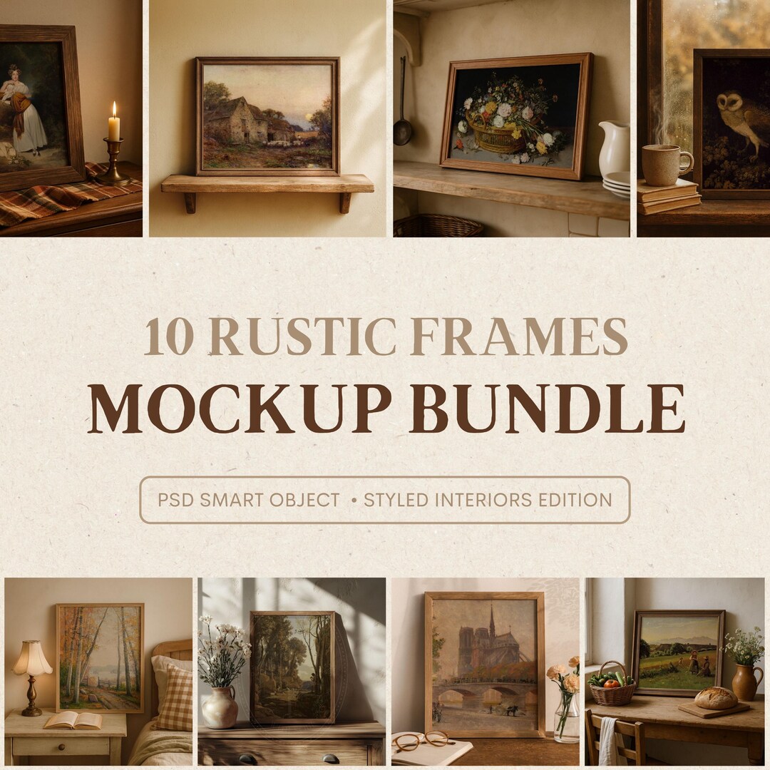 Rustic Frame Mockup Bundle – 10 Vintage Styled Interior Scenes for Wall ...