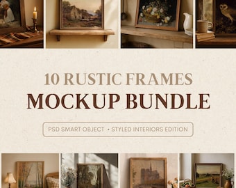 Rustic Frame Mockup Bundle – 10 Vintage Styled Interior Scenes for Wall Art
