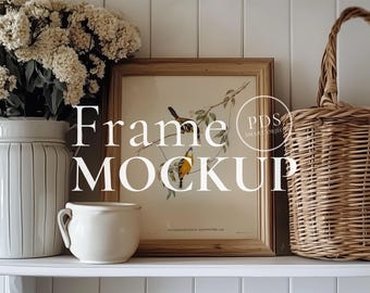 Maqueta de marco estilo Cottagecore de 11 x 14 y 4 x 5, maqueta de arte rústico neutro en estante de cocina, estética de granja, descarga digital PSD para impresión artística