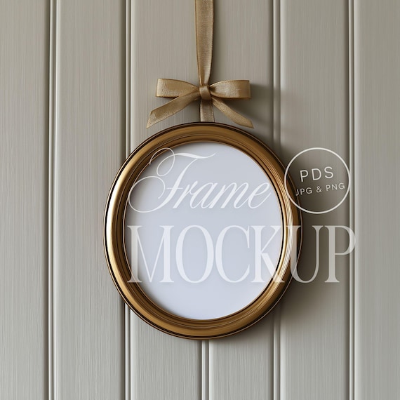 Oval Gold Frame Mockup with Bow Hanging Ribbon Frame Coquette Wall Art Vintage Digital Download Romantic Artwork Display
