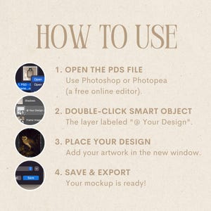 May include: How to use a digital mockup file.  Instructions include opening the PSD file in Photoshop or Photopea, double-clicking the smart object layer labeled "@ Your Design", placing your design in the new window, and saving and exporting the mockup.