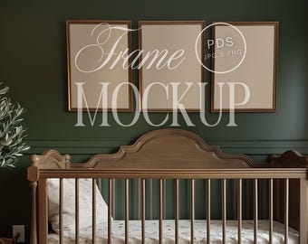 Nursery Frame Mockup 3 Frame Set Crib Wall Art Green Nursery ISO A Digital Download Baby Room Decor Vintage Interior Artwork Display PSD