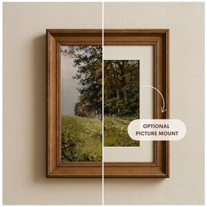 May include: A framed landscape painting of a forest path with green trees and a grassy field. The frame is made of wood and has a brown finish. An optional picture mount is shown around the painting.