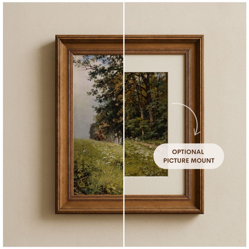 May include: A framed landscape painting of a forest path with green trees and a grassy field. The frame is made of wood and has a brown finish. An optional picture mount is shown around the painting.