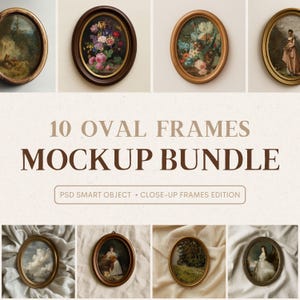 May include: An image showcasing a mockup bundle of 10 oval frames. The frames feature various vintage-style paintings and illustrations. The text "10 OVAL FRAMES MOCKUP BUNDLE" is displayed prominently, along with "PSD SMART OBJECT • CLOSE-UP FRAMES EDITION".