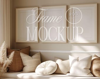 Neutral Frame Mockup 3 Set Piece Wall Art Beige Interior Mockup Cozy Minimalist Decor 2x3 Ratio Digital Download Artwork Display Boho Style