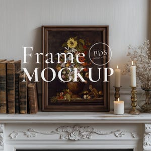 Dark Academia Frame Mockup 3x4 Ratio Vintage Wall Art PSD Victorian Interior Decor Frame on Mantel with Books and Candles Digital Download