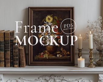 Maqueta de marco Dark Academia con proporción 3x4, arte mural vintage PSD, decoración de interiores victoriana, marco sobre repisa con libros y velas, descarga digital