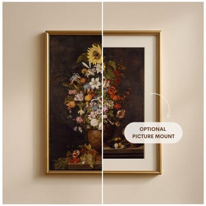 May include: A framed painting of a still life featuring a vase of colorful flowers, including sunflowers, lilies, and roses. The vase is brown and sits on a table with fruit and other objects. The painting is framed in a gold frame.