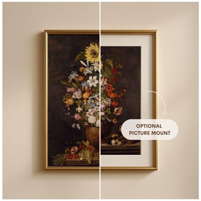 May include: A framed painting of a still life featuring a vase of colorful flowers, including sunflowers, lilies, and roses. The vase is brown and sits on a table with fruit and other objects. The painting is framed in a gold frame.