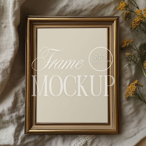 Gold Frame Mockup 3x4 Ratio Vintage Art Print PSD Natural Linen Fabric Rustic Floral Flat Lay Warm Light Elegant Realistic Mockup Photoshop