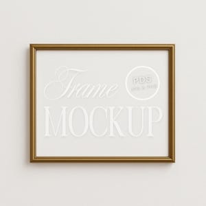 May include: A gold-colored picture frame mockup with the text "Frame Mockup" in white lettering. The text "PDS JPG & PNG" is also visible in a circle.