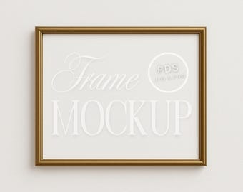 Simple Gold Frame Mockup 5x4 with Picture Mat 4x3 Ratio on White Wall Art Mockup for Fine Art Prints Vintage Artwork PSD JPG PNG Download
