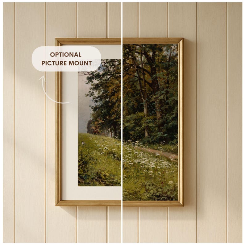 Może przedstawiać: Oprawiony wydruk krajobrazu przedstawiający ścieżkę przez las i pole kwiat&oacute;w. Grafika jest w złotej ramie z napisem "OPTIONAL PICTURE MOUNT" po lewej stronie.