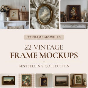 May include: A digital collection of 22 vintage frame mockups featuring various artistic styles, including landscape paintings, floral arrangements, and wildlife illustrations displayed in wooden frames within diverse interior settings.