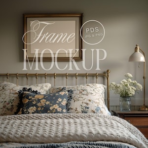 Vintage Bedroom Frame Mockup Cozy Room Landscape Art Print Antique Gold Frame ISO A DIN A Ratio PSD Template Cottage Style Interior Decor