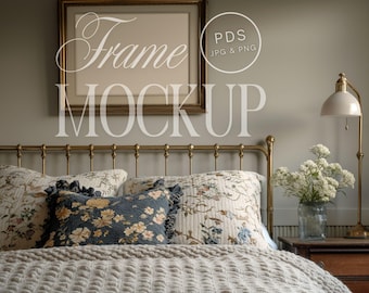 Vintage Bedroom Frame Mockup Cozy Room Landscape Art Print Antique Gold Frame ISO A DIN A Ratio PSD Template Cottage Style Interior Decor