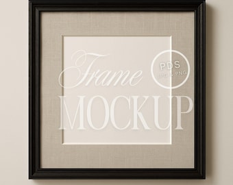 May include: Black frame with a beige mat and a white background. The text "Frame Mockup" is written in white on the background. The text "PDS JPG & PNG" is written in white inside a circle.