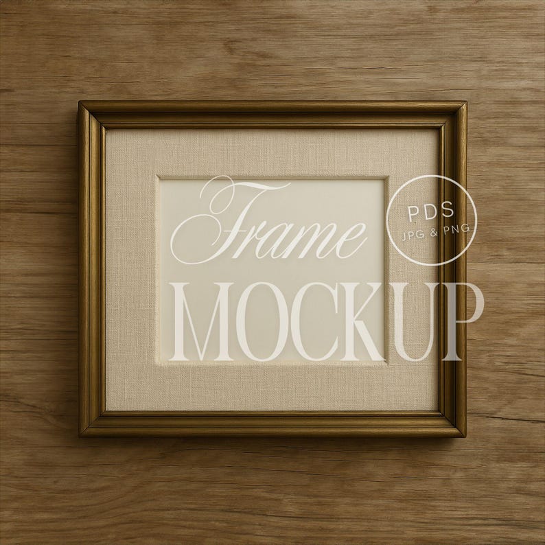 Vintage Frame Mockup 5x4 Ratio Gold Frame With Picture Mat on Wood ...