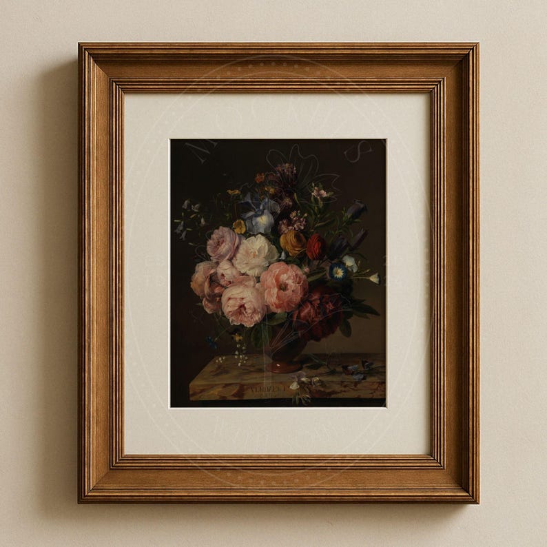 May include: A framed painting of a still life featuring a vase filled with a variety of colorful flowers, including pink roses, blue irises, and yellow blossoms. The vase is on a marble pedestal and the background is dark.