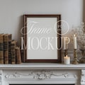 Dark Academia Frame Mockup 3x4 Ratio Vintage Wall Art PSD Victorian Interior Decor Frame on Mantel with Books and Candles Digital Download