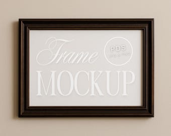 Horizontal Frame Mockup 3x2 Ratio Dark Wood on Beige Wall | Artwork Mockup for Art Prints Vintage Picture Frame PSD JPG PNG Digital Download
