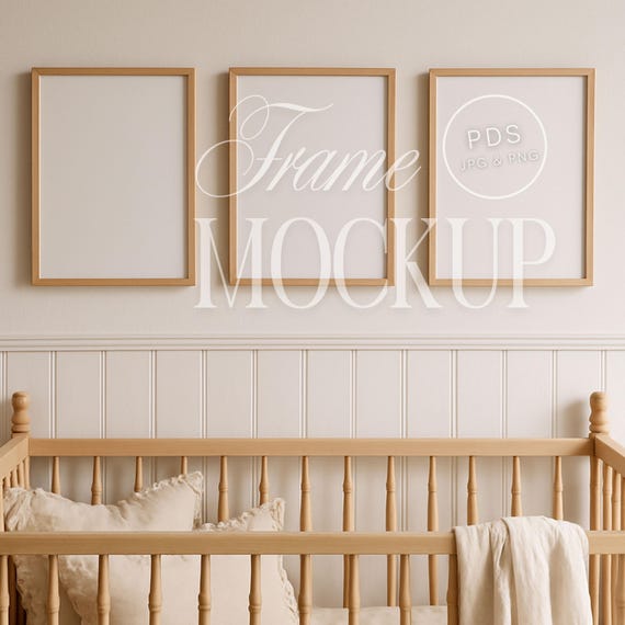 Neutral Nursery Mockup Set of 3 Frames Above the Crib Boho Wall Art Mockup for Baby Room Prints JPG PNG PSD Digital Download Display