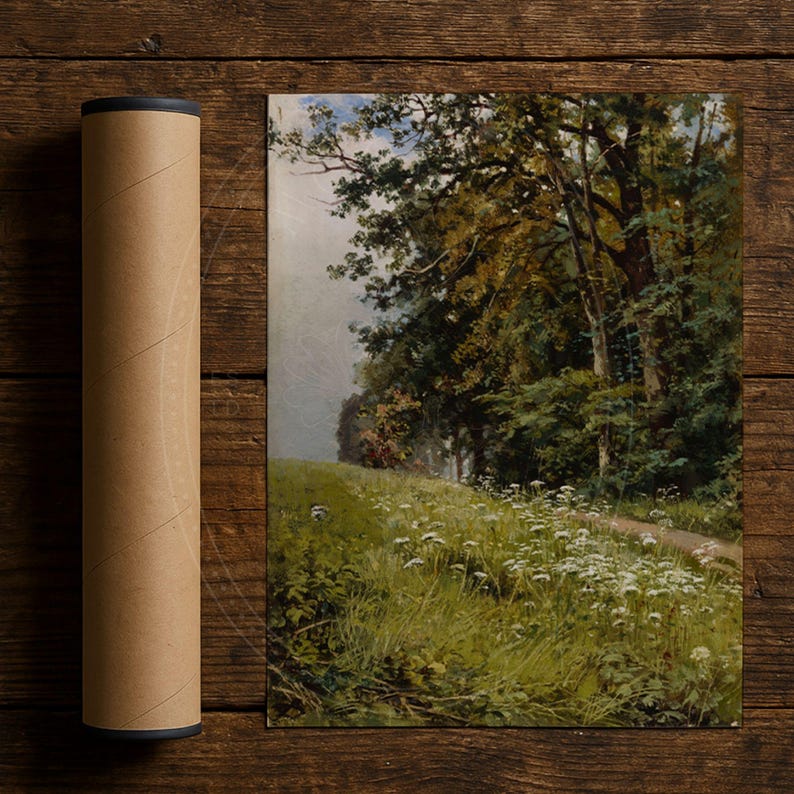 Pu&ograve; includere: Un dipinto che raffigura un sentiero boschivo con alberi verdi e fiori bianchi in primo piano. Il sentiero conduce in lontananza, dove gli alberi sono pi&ugrave; fitti e il cielo &egrave; di un azzurro chiaro.