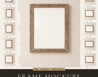 Weathered Wood Frame Mockup Bundle | Canva + PSD Rustic Limewashed Wall Art Mockup, 11 Ratios (Drag and Drop)