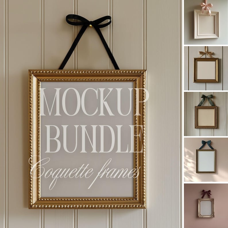 Coquette Frame Mockup Bundle 6 Hanging Ribbon Bow Frames 1x1 & 4x5 Art Print Wall Art Mockups Vintage Elegant Shabby Chic Digital Download image 1