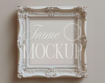 Vintage White Ornate Frame Mockup Square Ratio Antique Shabby Chic Wall Art Display Elegant Baroque Style High-Resolution PSD Template