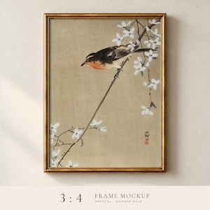 Gold Frame Mockup 3x4 Vertical | Cream Mat or Plain, Antique Wall Art for 12x16 18x24 Prints (PSD + Canva)