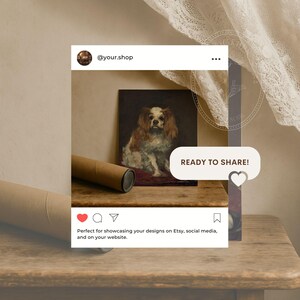 Pode incluir: Um tubo de cart&atilde;o castanho com uma tampa branca, uma pintura emoldurada de um c&atilde;o branco e castanho, e uma superf&iacute;cie de madeira. O texto "READY TO SHARE!" est&aacute; sobre um fundo branco.